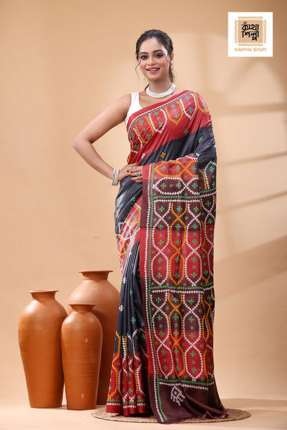 Pure Gachi Tussar Multicolor Dye And Multicolor Thread Work Gujrati Stitch Saree