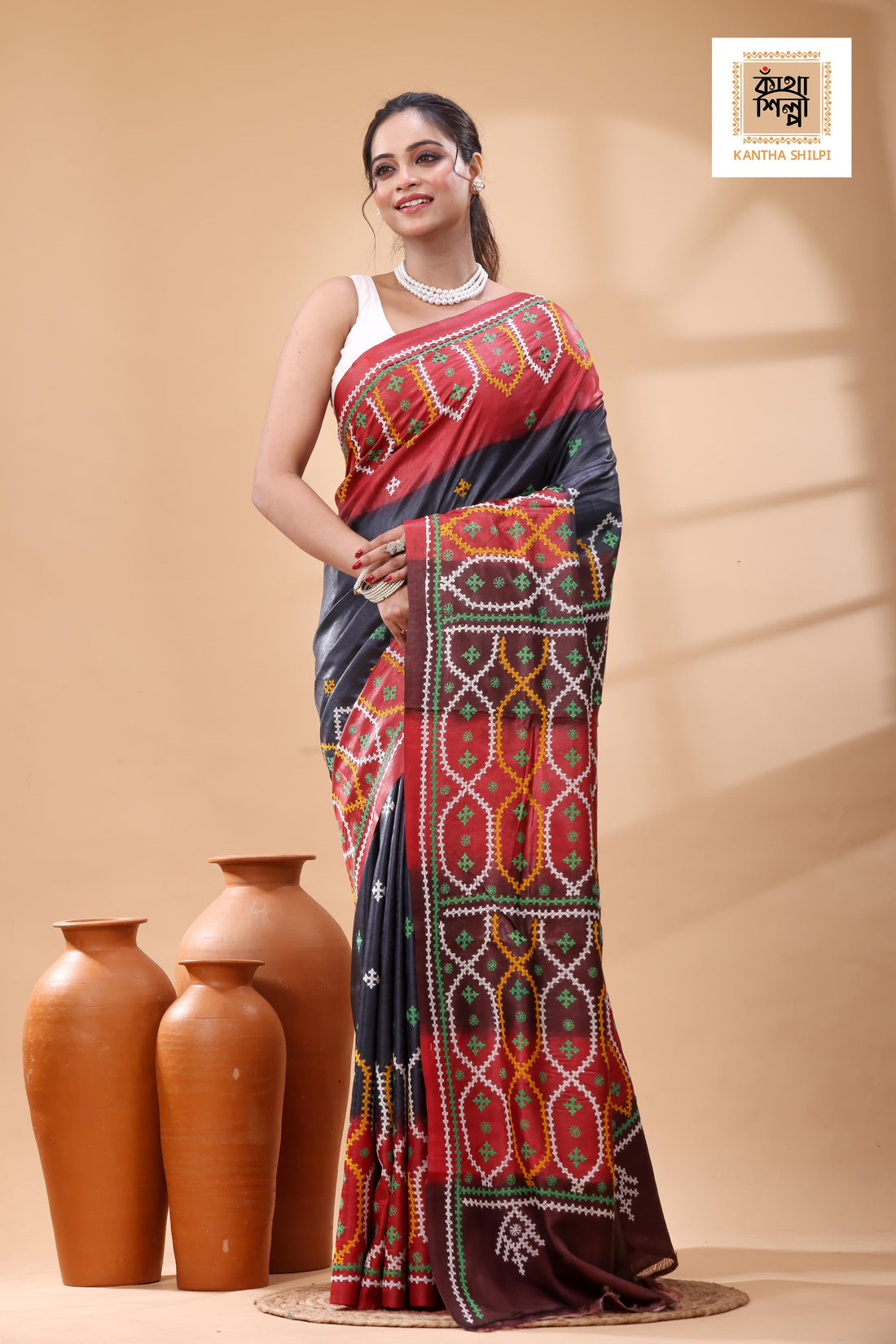 Pure Gachi Tussar Multicolor Dye And Multicolor Thread Work Gujrati Stitch Saree