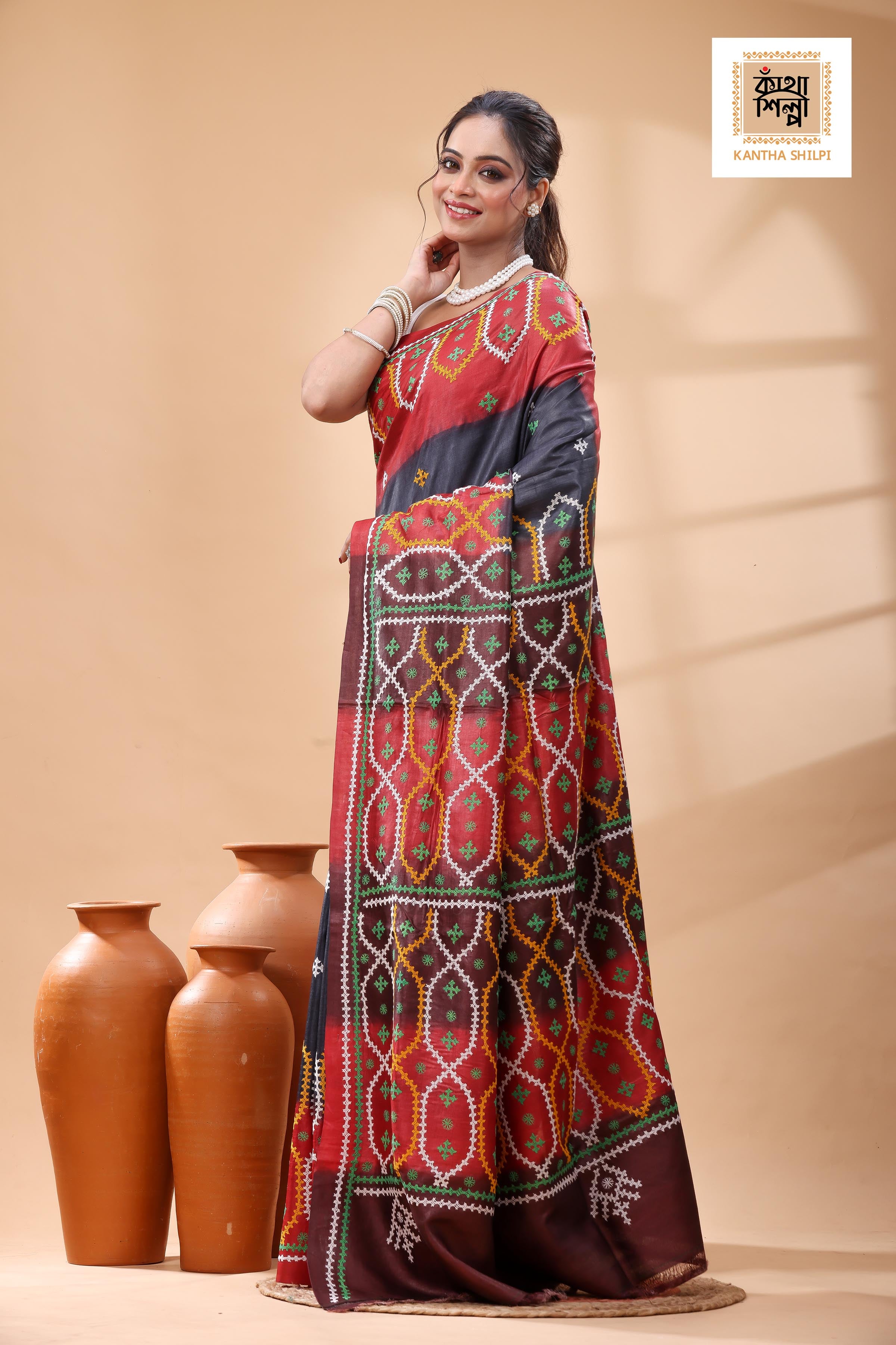 Pure Gachi Tussar Multicolor Dye And Multicolor Thread Work Gujrati Stitch Saree