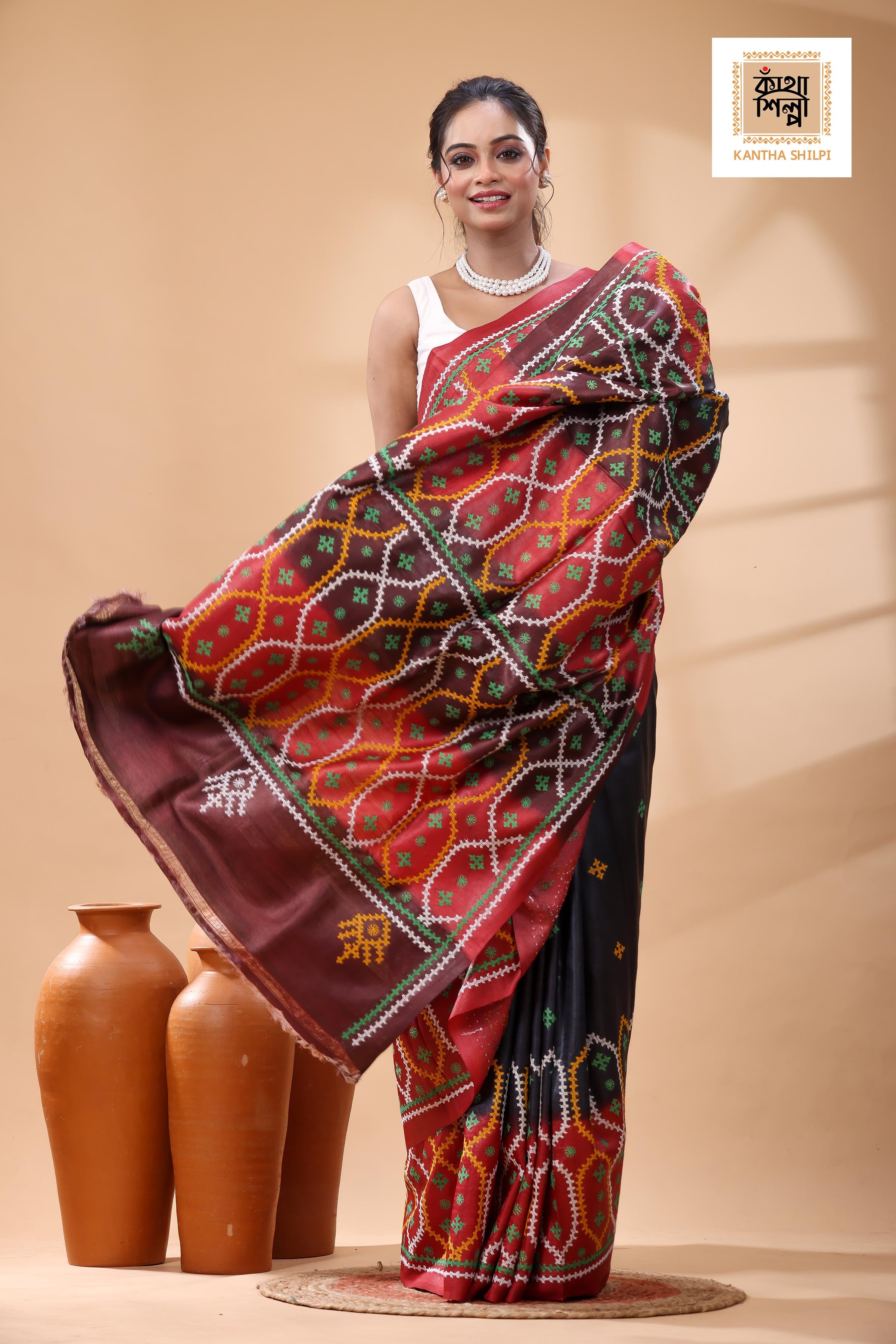 Pure Gachi Tussar Multicolor Dye And Multicolor Thread Work Gujrati Stitch Saree