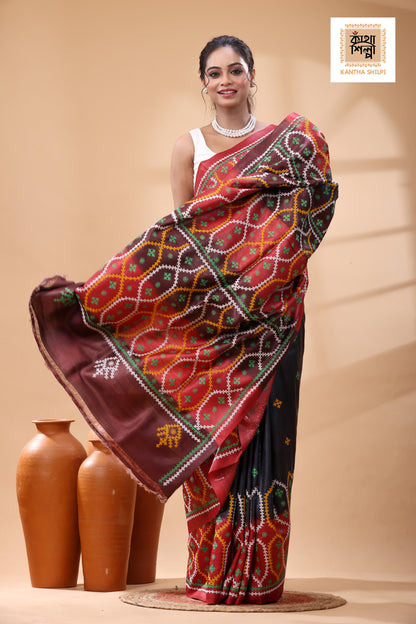 Pure Gachi Tussar Multicolor Dye And Multicolor Thread Work Gujrati Stitch Saree