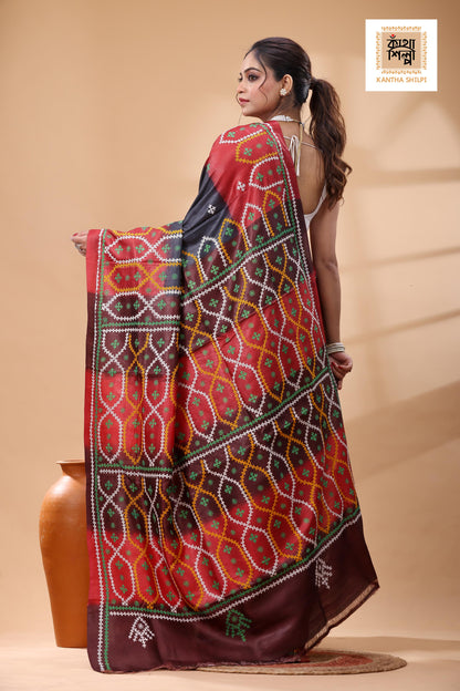Pure Gachi Tussar Multicolor Dye And Multicolor Thread Work Gujrati Stitch Saree