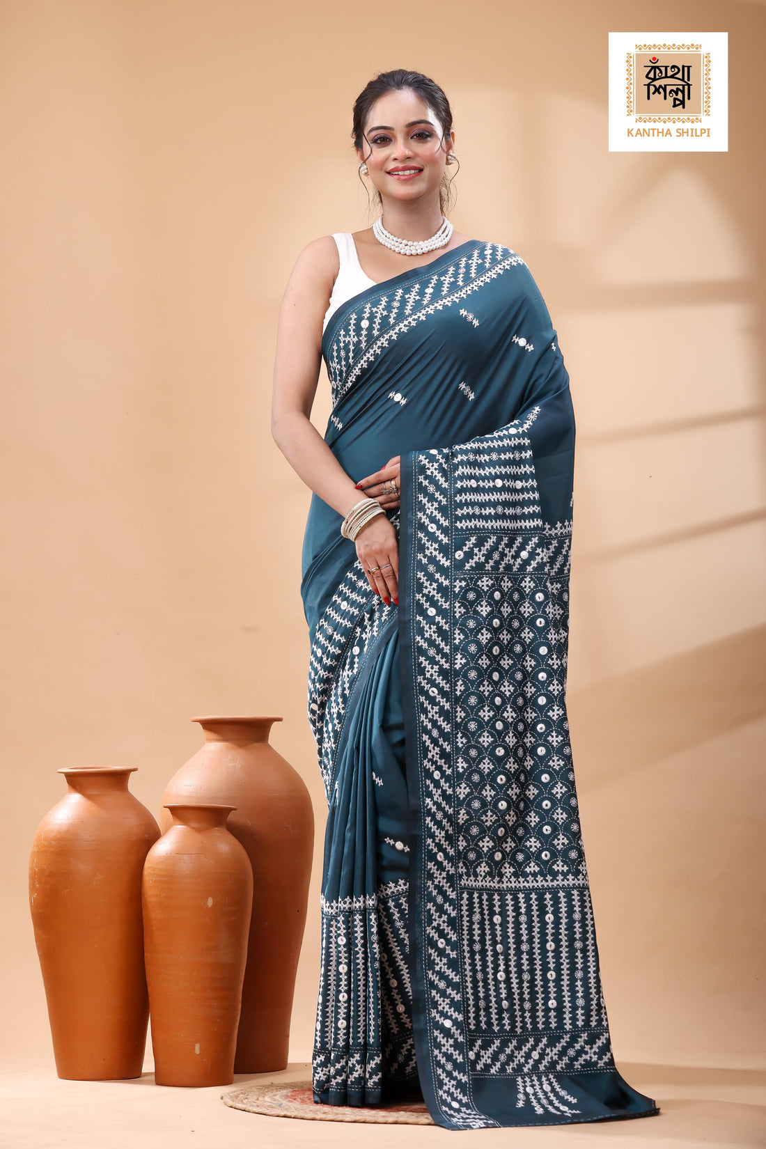 Dark Indigo Bangalore Silk White Color Thread Work Gujrati Stitch Saree