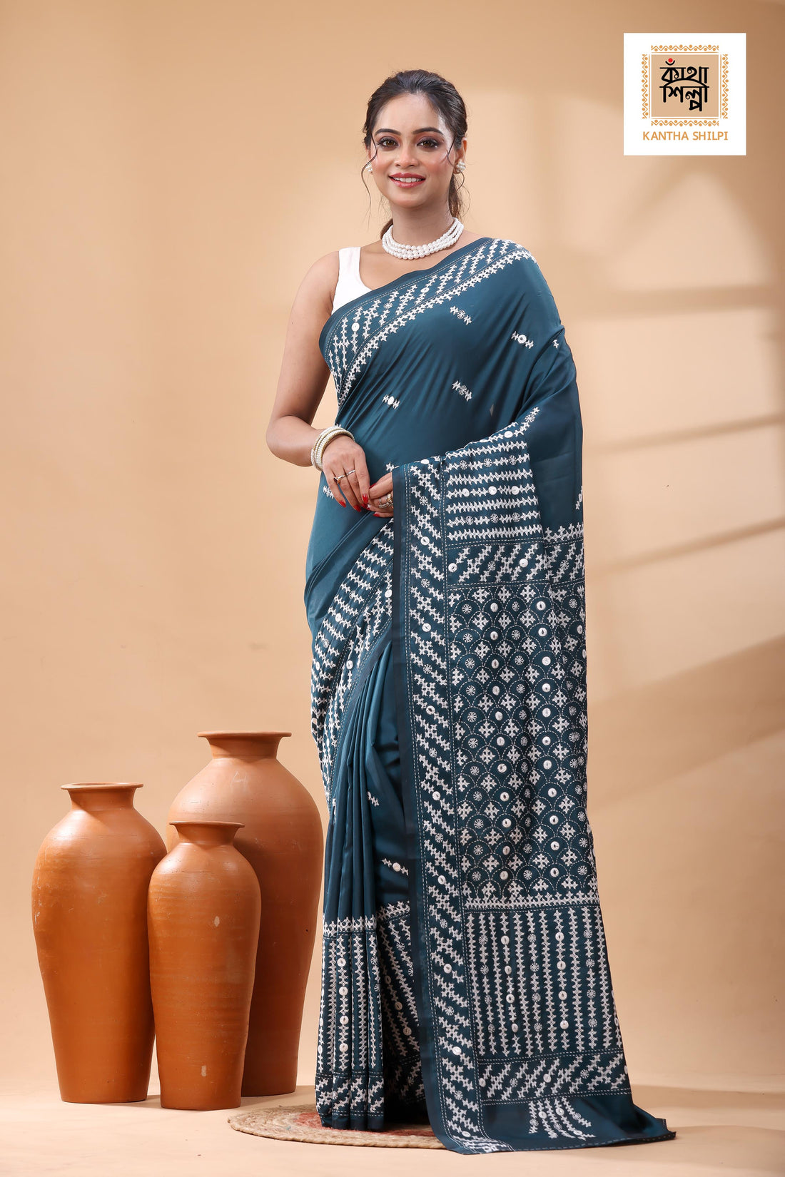 Dark Indigo Bangalore Silk White Color Thread Work Gujrati Stitch Saree