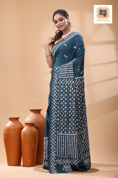 Dark Indigo Bangalore Silk White Color Thread Work Gujrati Stitch Saree