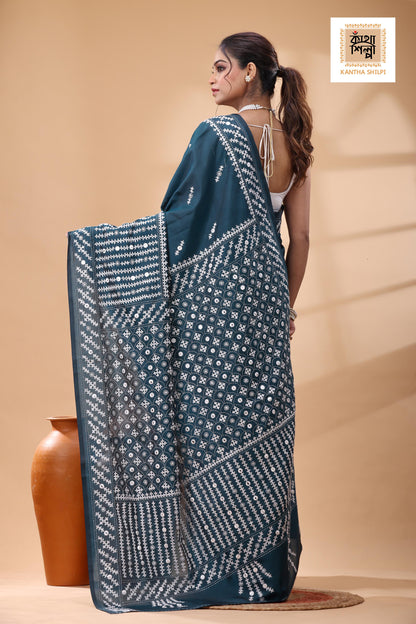 Dark Indigo Bangalore Silk White Color Thread Work Gujrati Stitch Saree