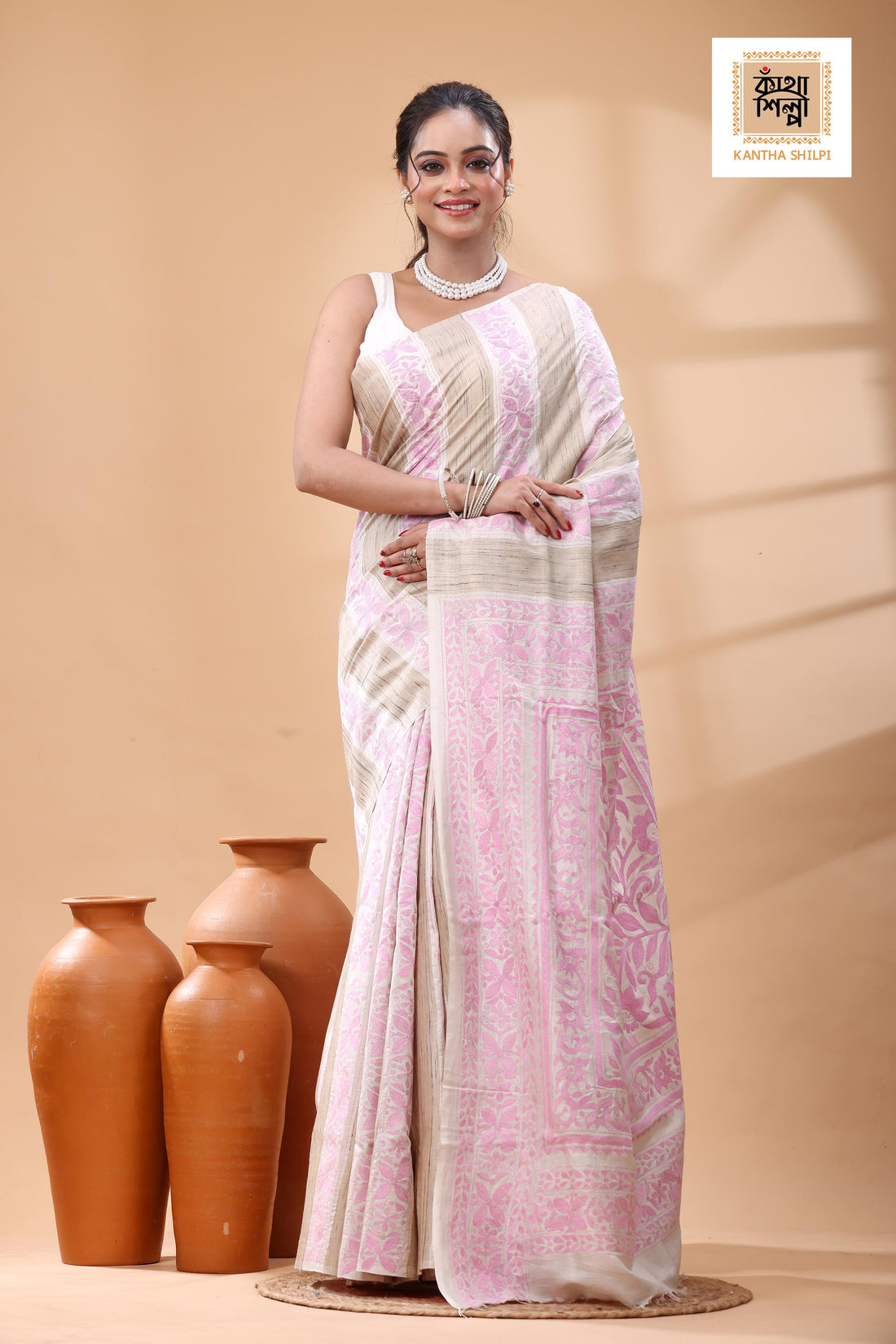Bishnupuri (Katan) Silk Kantha Stitch Saree