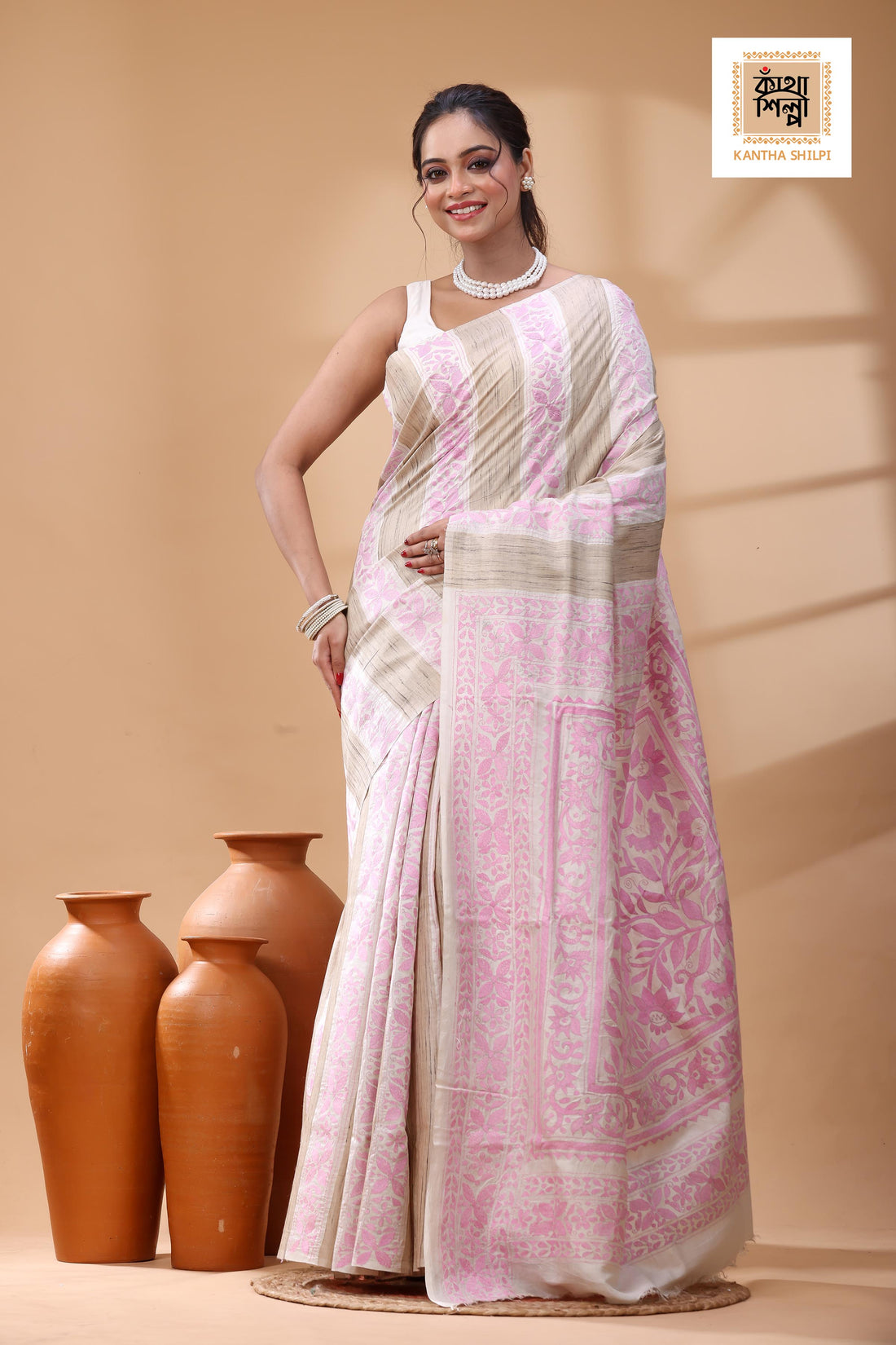 Bishnupuri (Katan) Silk Kantha Stitch Saree