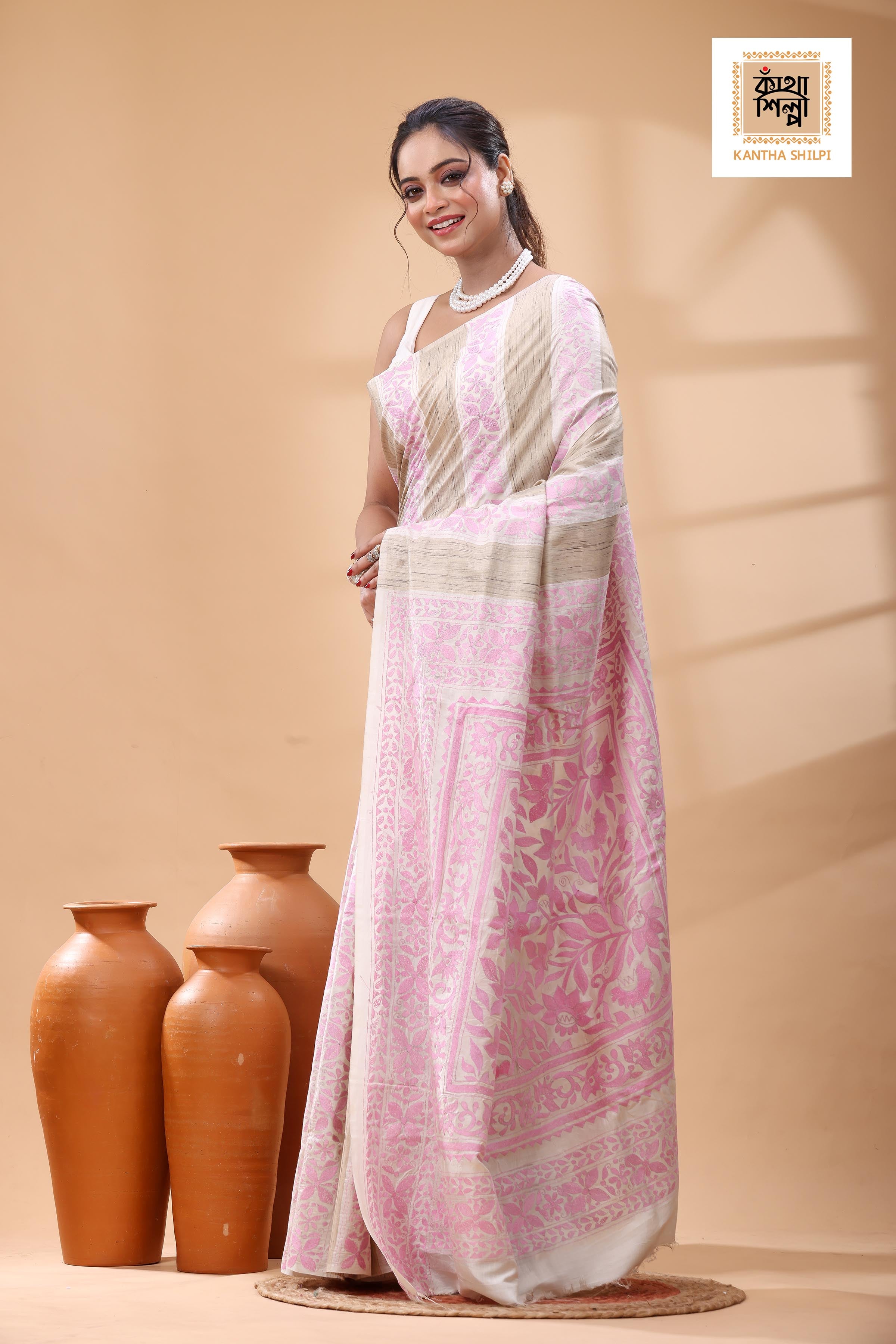 Bishnupuri (Katan) Silk Kantha Stitch Saree