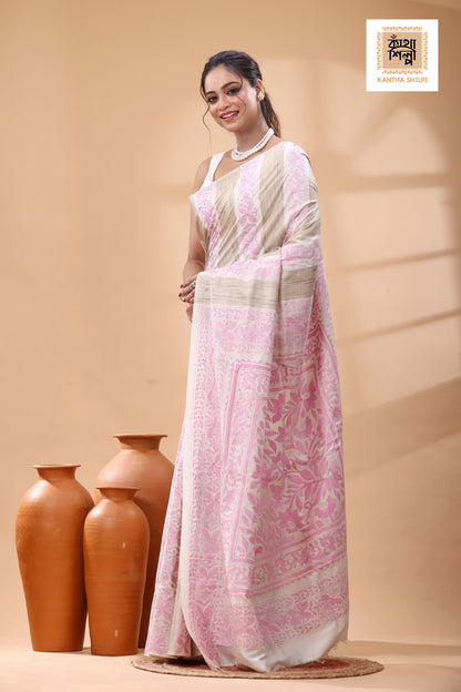Bishnupuri (Katan) Silk Kantha Stitch Saree
