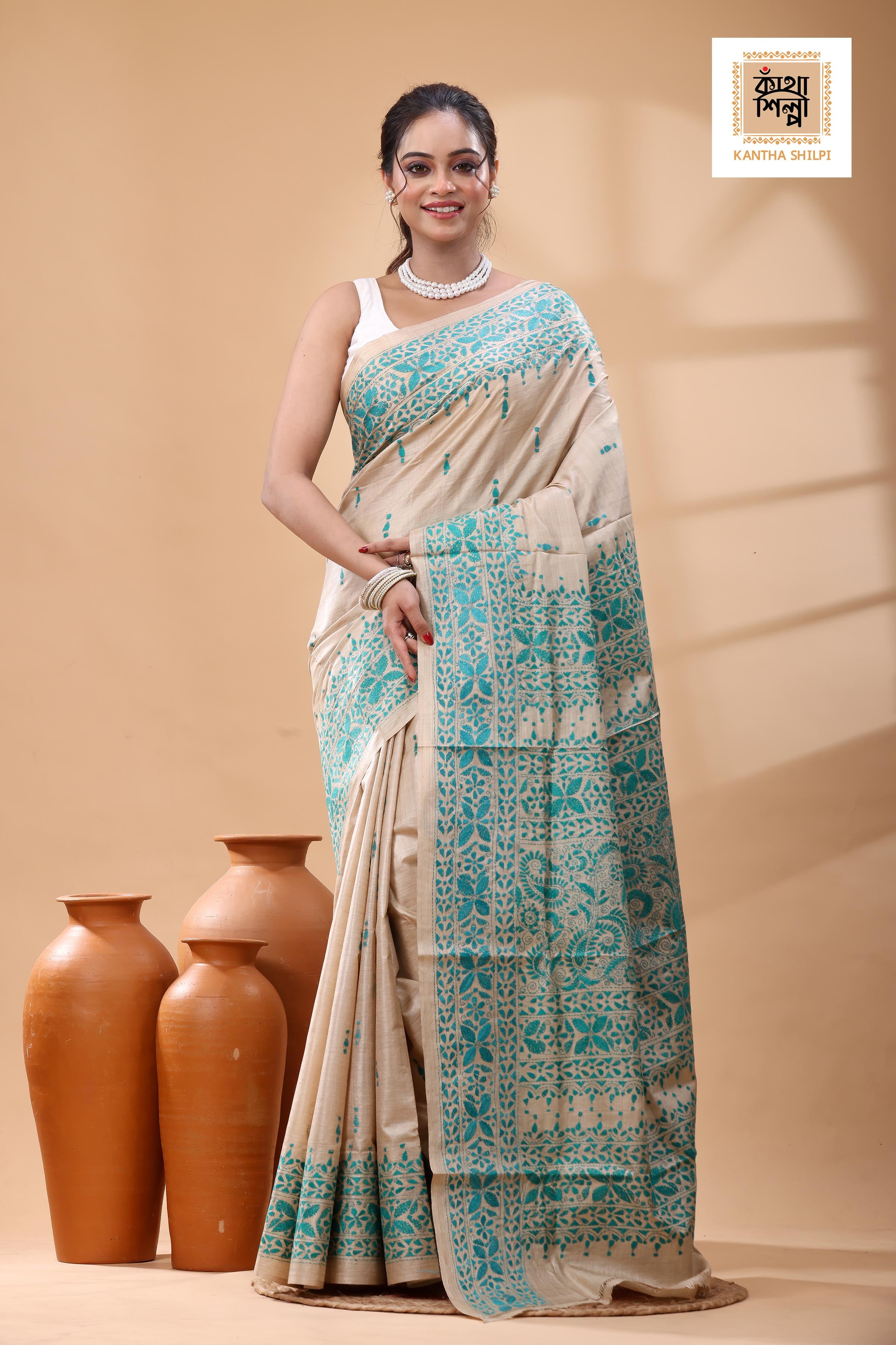 Pure Gachi Tussar Greenish Sea Blue Color Thread Work Kantha Stitch Saree