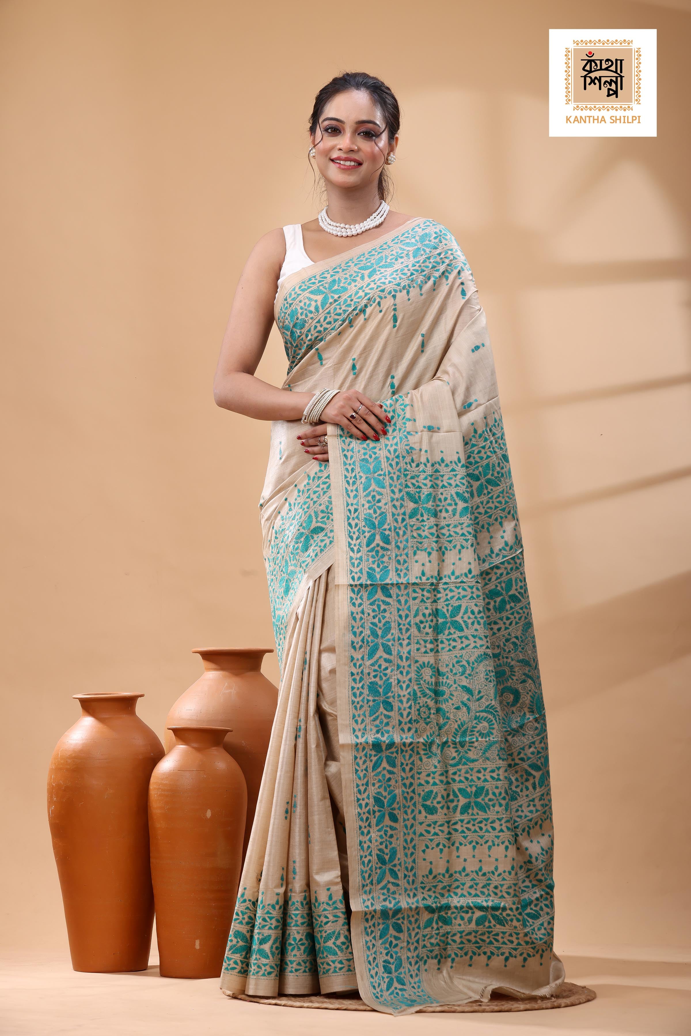 Pure Gachi Tussar Greenish Sea Blue Color Thread Work Kantha Stitch Saree