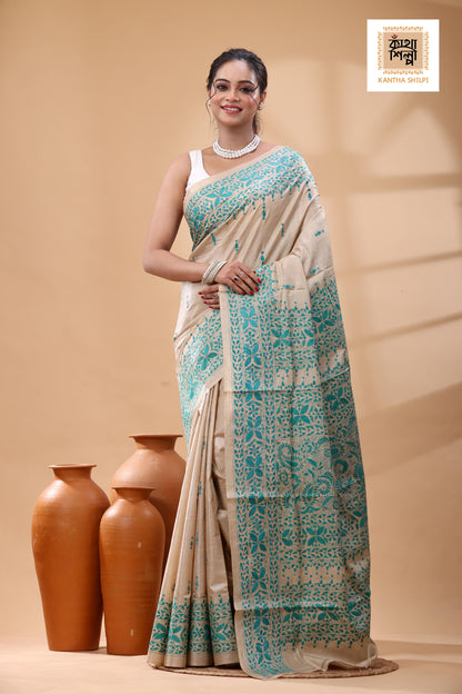 Pure Gachi Tussar Greenish Sea Blue Color Thread Work Kantha Stitch Saree