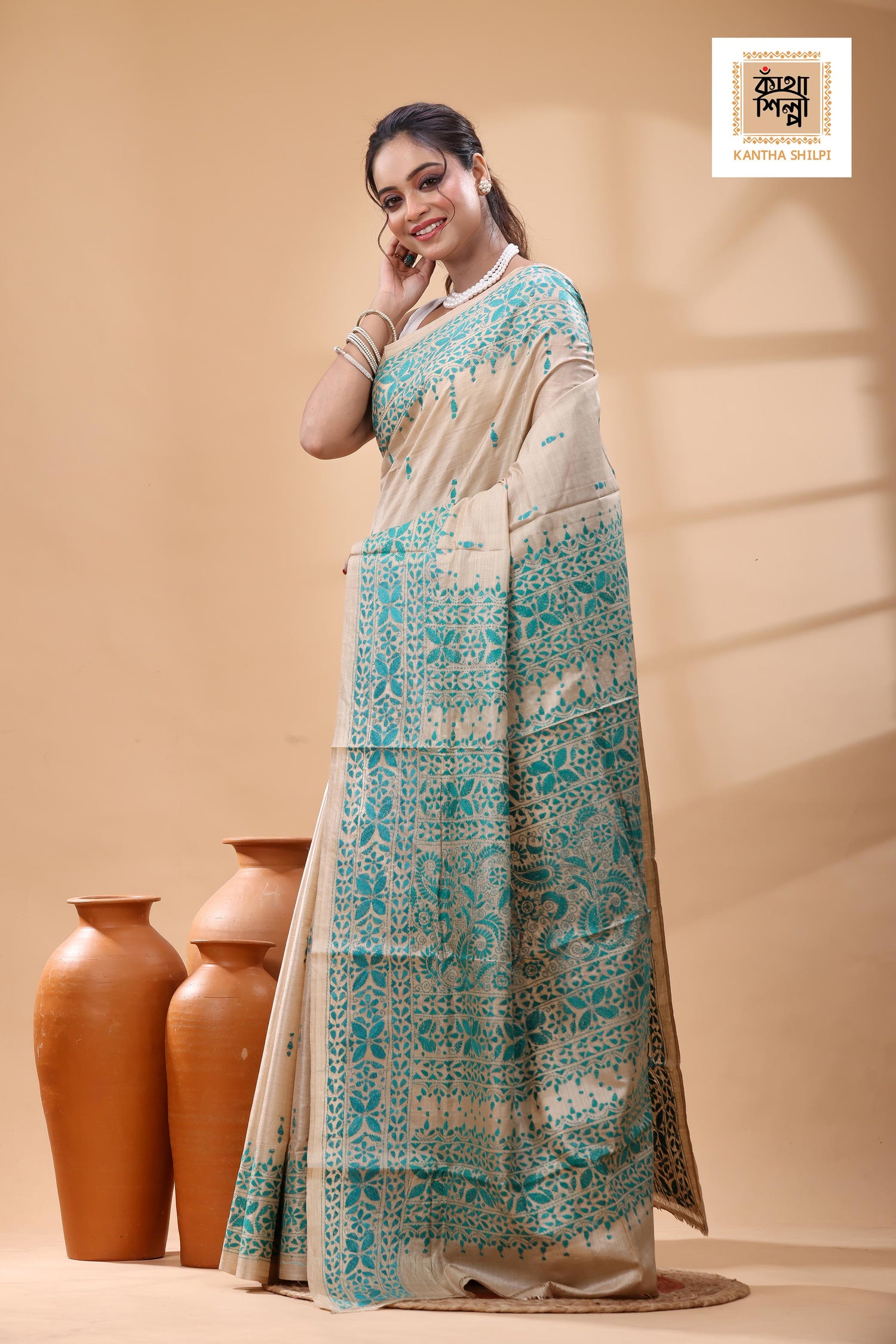 Pure Gachi Tussar Greenish Sea Blue Color Thread Work Kantha Stitch Saree