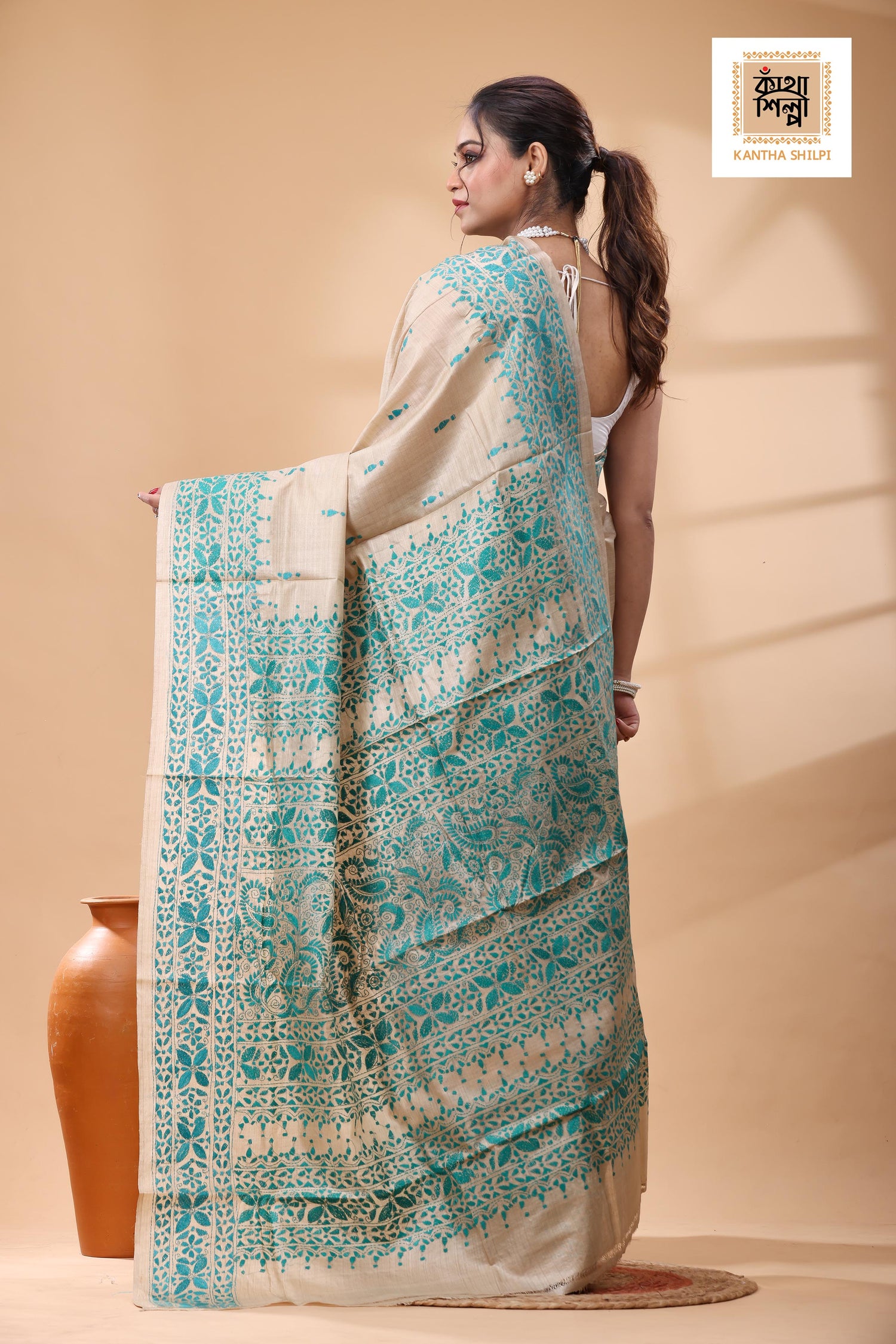 Pure Gachi Tussar Greenish Sea Blue Color Thread Work Kantha Stitch Saree