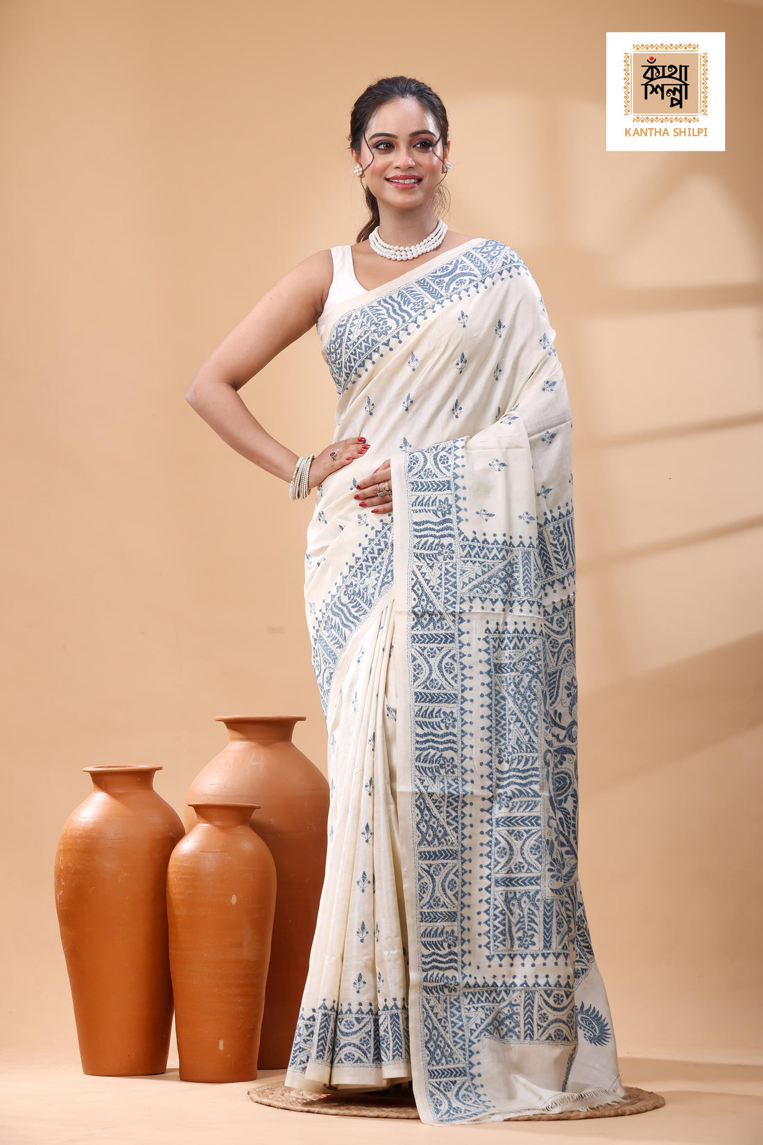Pure Tussar Light Blue Color Thread Work Kantha Stitch Saree