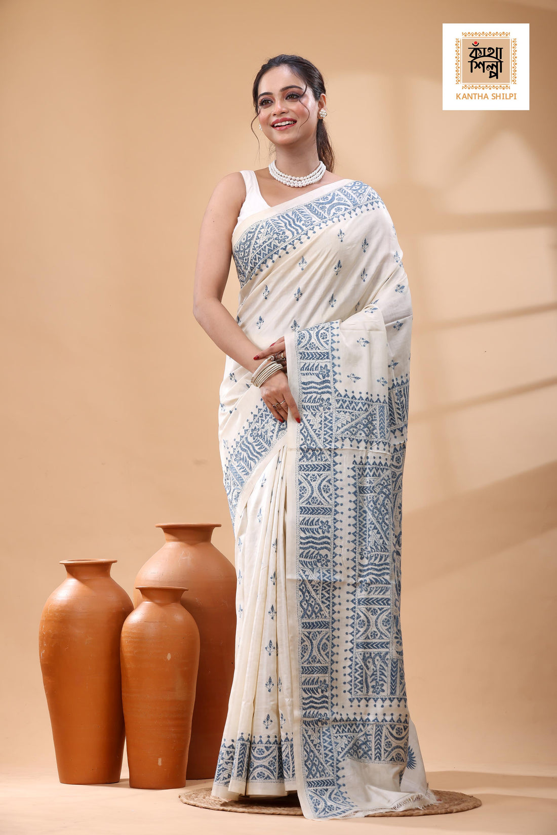 Pure Tussar Light Blue Color Thread Work Kantha Stitch Saree