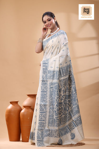Pure Tussar Light Blue Color Thread Work Kantha Stitch Saree