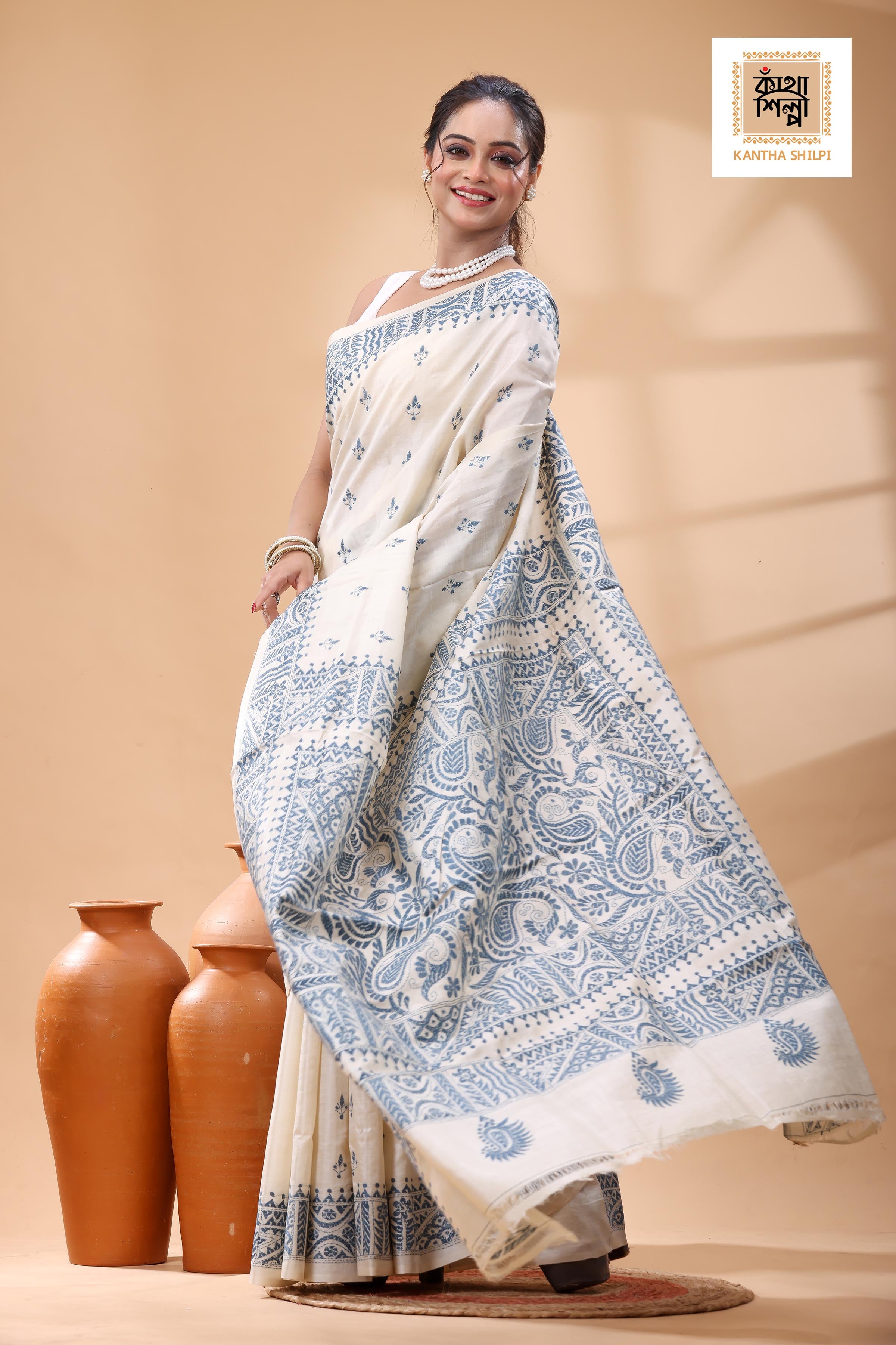 Pure Tussar Light Blue Color Thread Work Kantha Stitch Saree