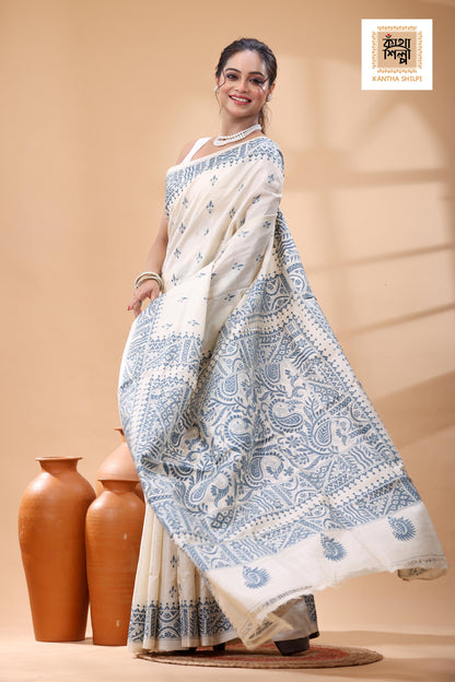 Pure Tussar Light Blue Color Thread Work Kantha Stitch Saree