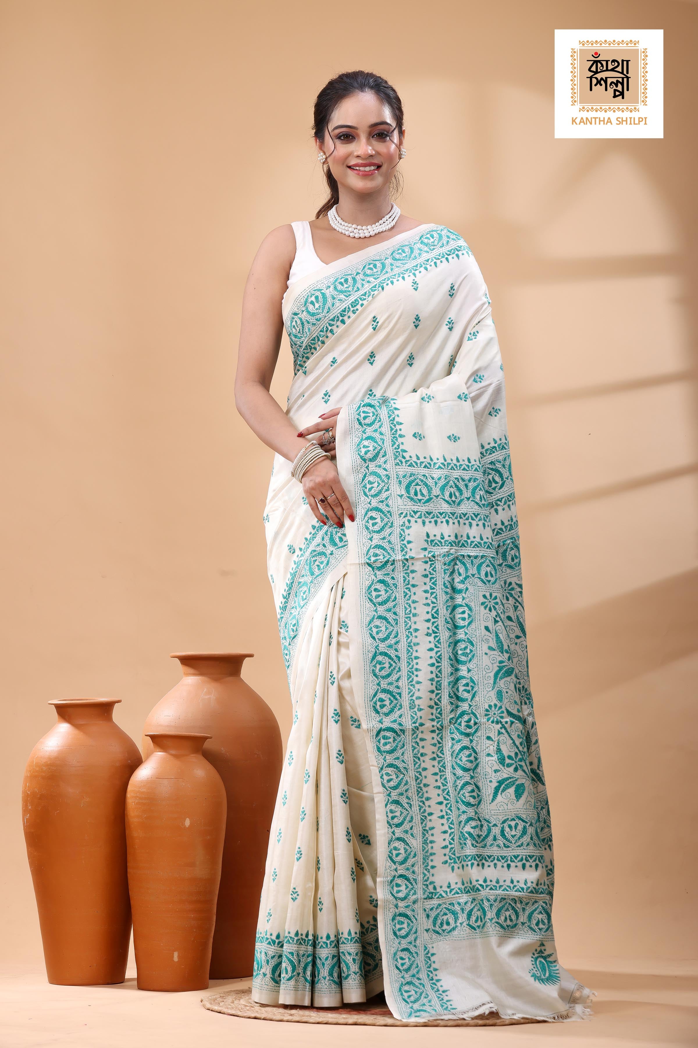Pure Tussar Green Color Thread Work Kantha Stitch Saree