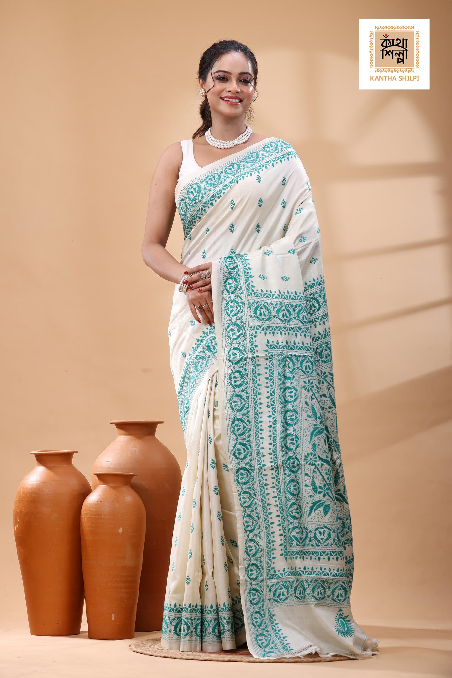 Pure Tussar Green Color Thread Work Kantha Stitch Saree