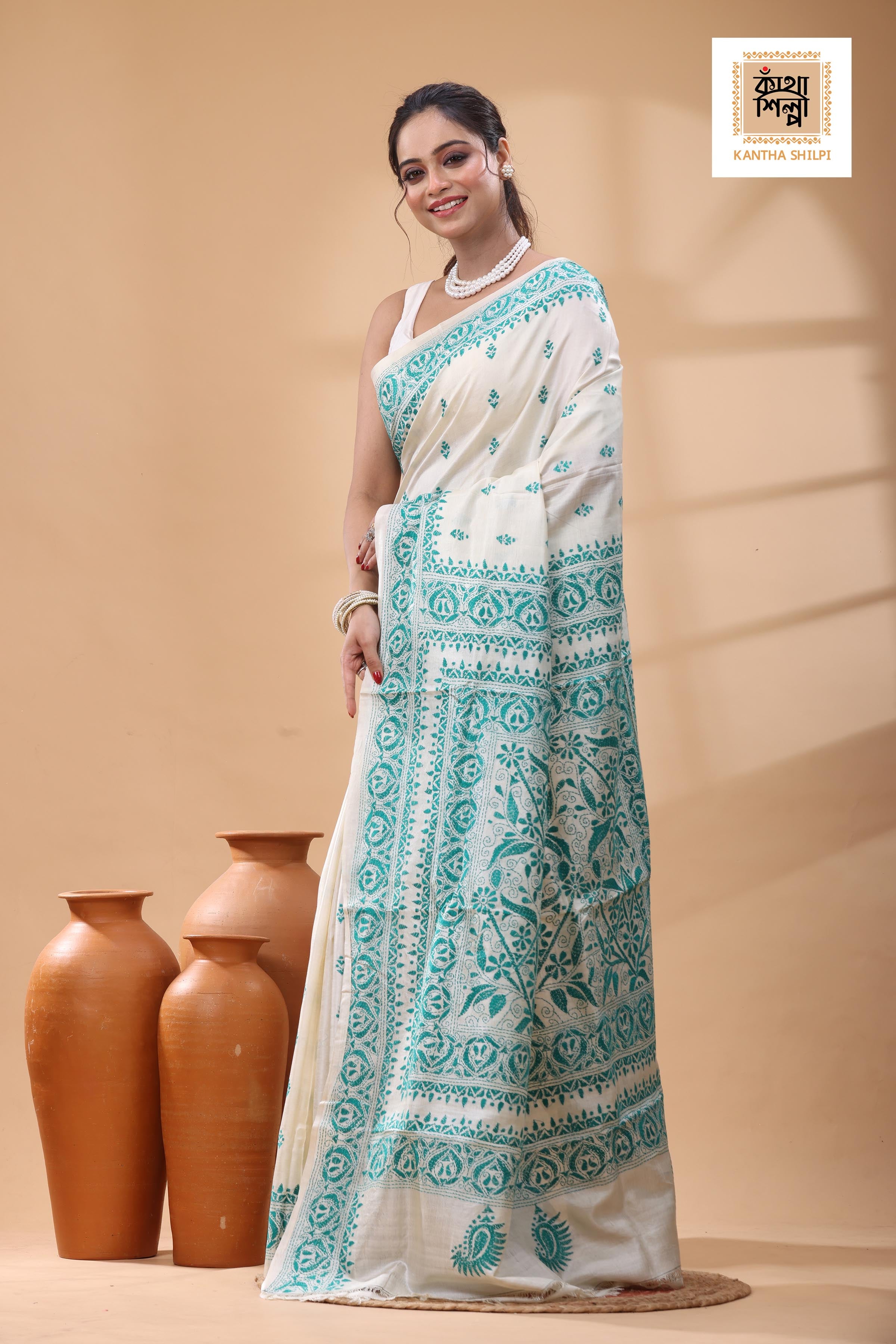 Pure Tussar Green Color Thread Work Kantha Stitch Saree