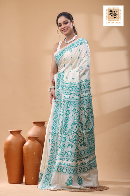 Pure Tussar Green Color Thread Work Kantha Stitch Saree