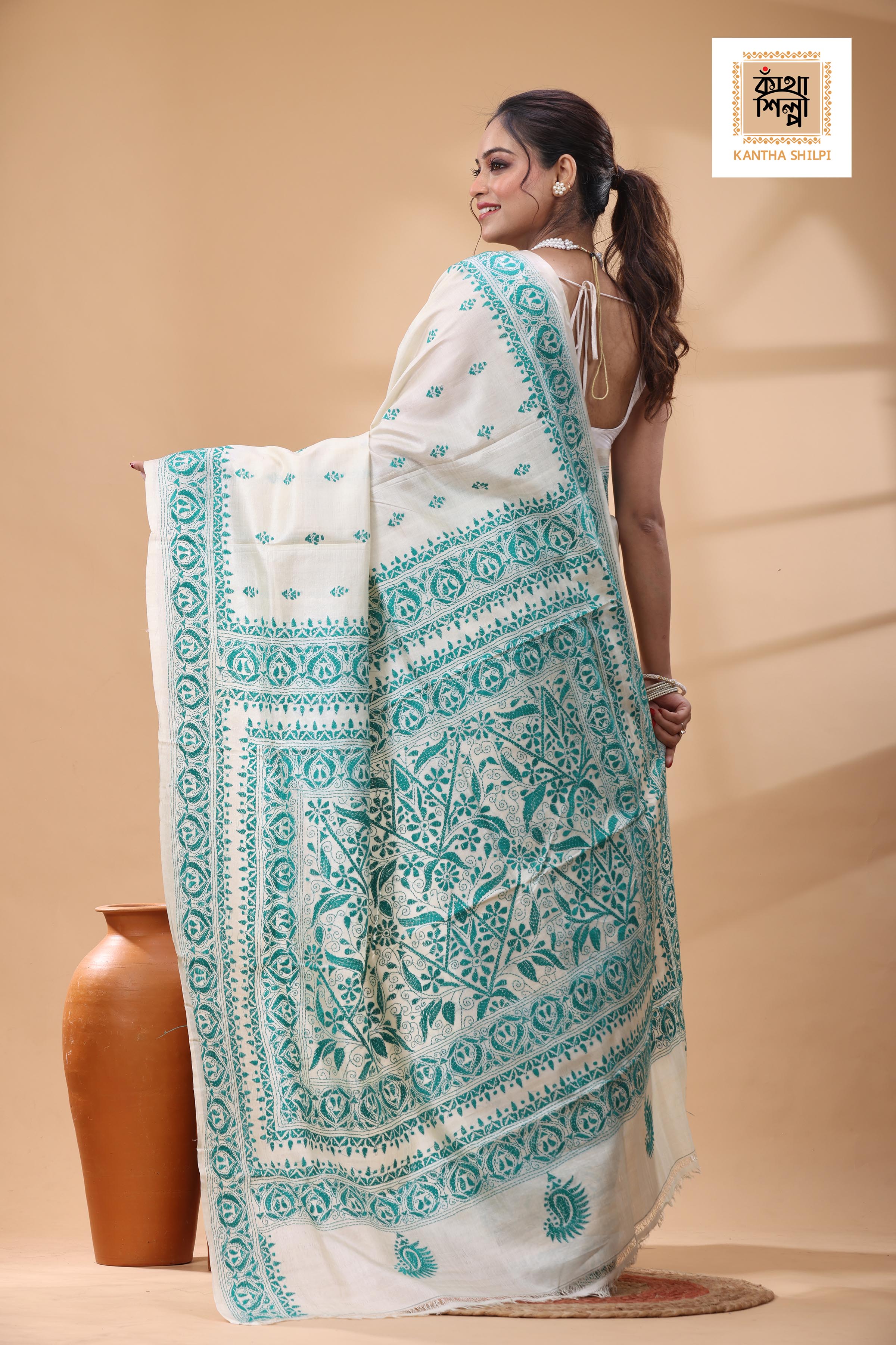 Pure Tussar Green Color Thread Work Kantha Stitch Saree
