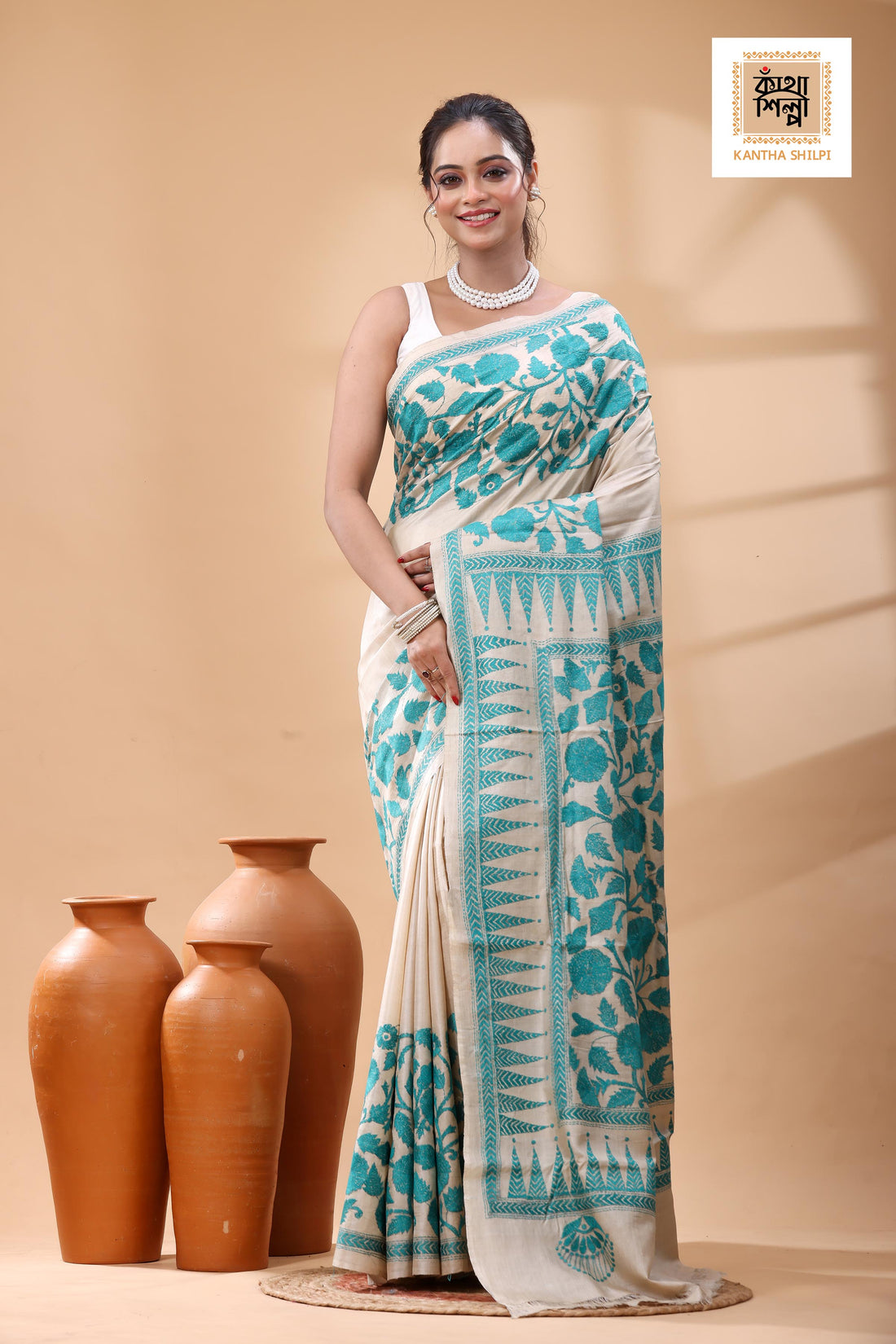 Pure Gachi Tussar Sea Green Color Thread Work Kantha Stitch Saree
