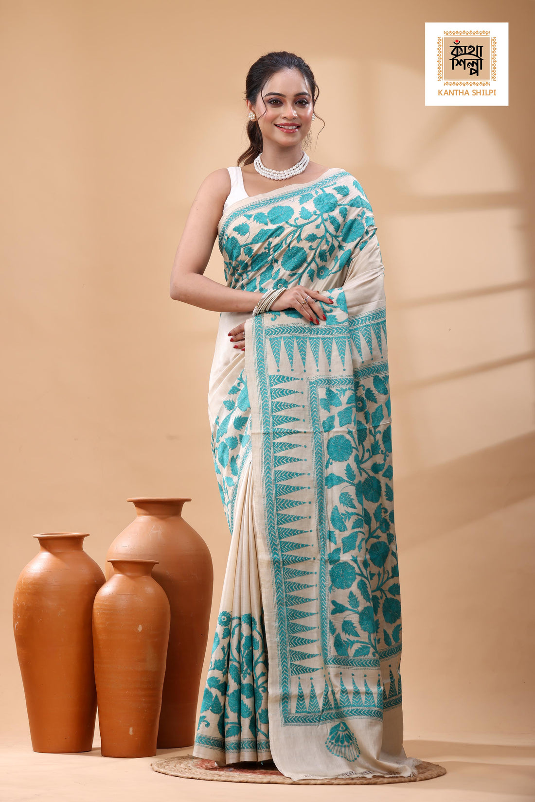 Pure Gachi Tussar Sea Green Color Thread Work Kantha Stitch Saree