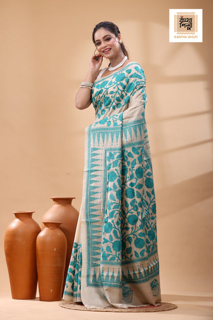Pure Gachi Tussar Sea Green Color Thread Work Kantha Stitch Saree