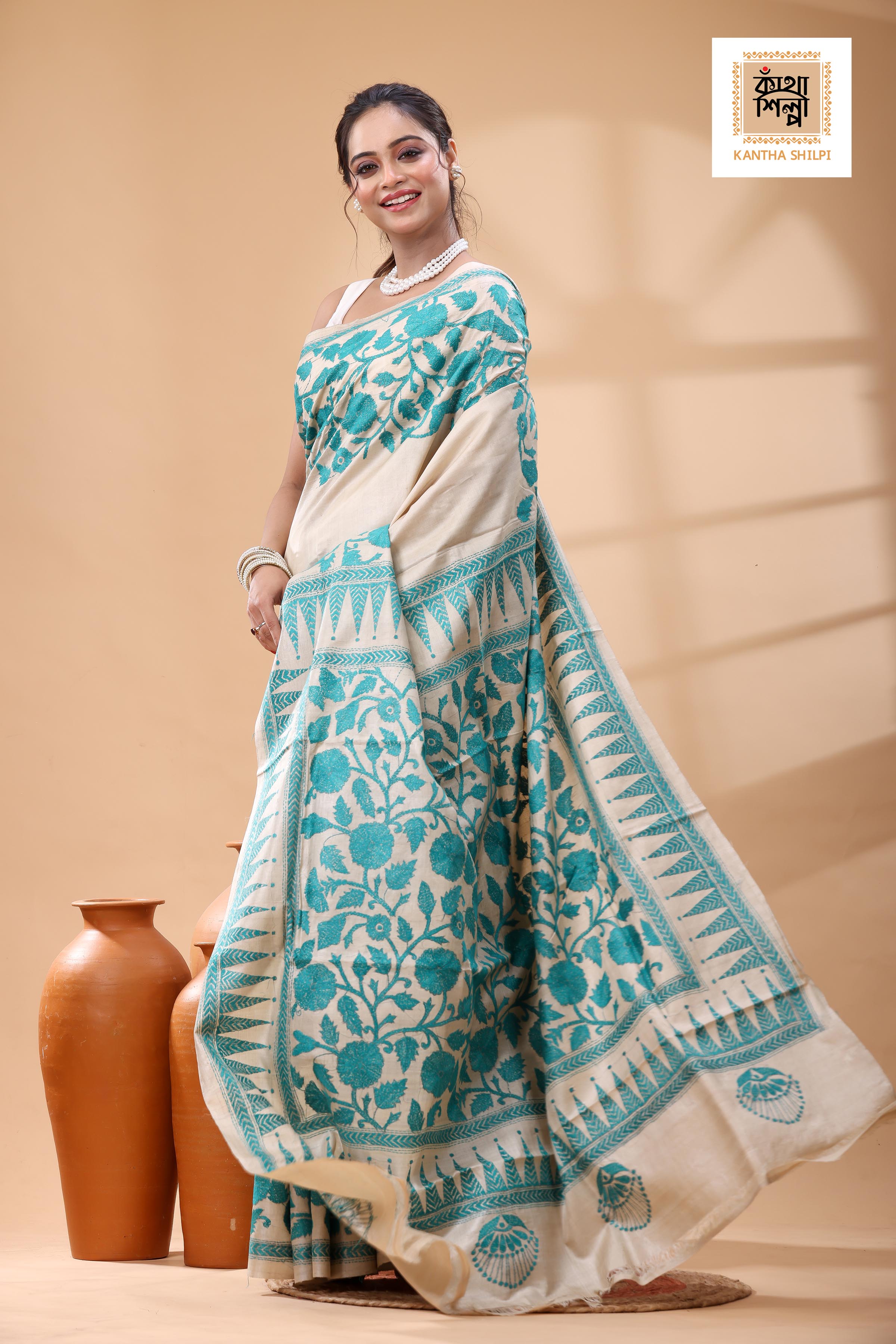 Pure Gachi Tussar Sea Green Color Thread Work Kantha Stitch Saree