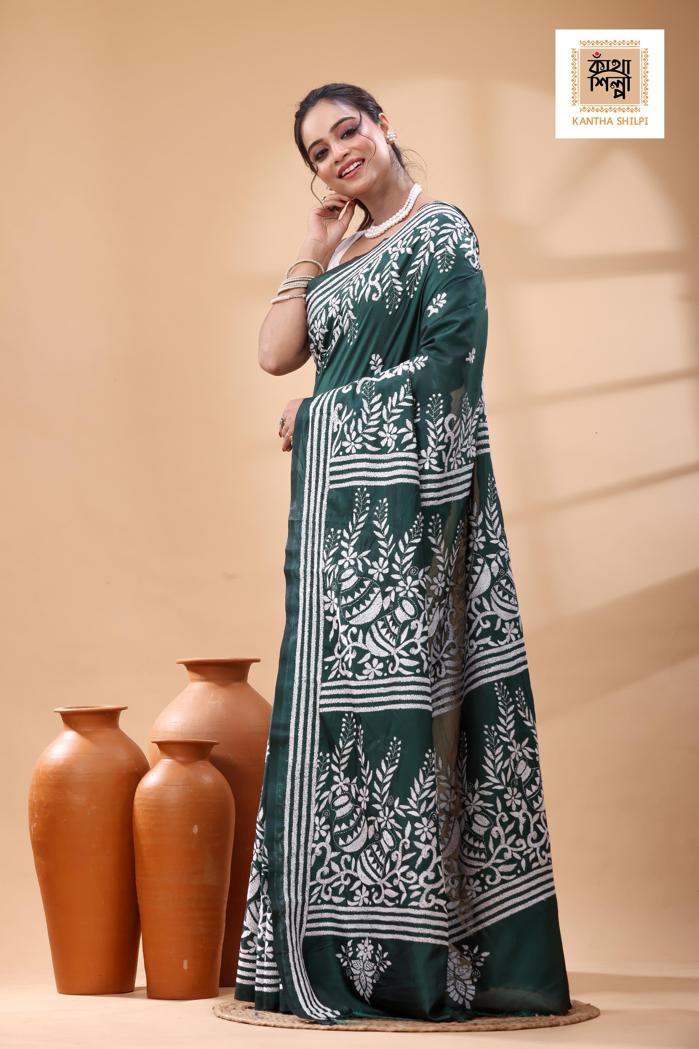 Green Color Bangalore Silk White Color Thread Work Kantha Stitch Saree