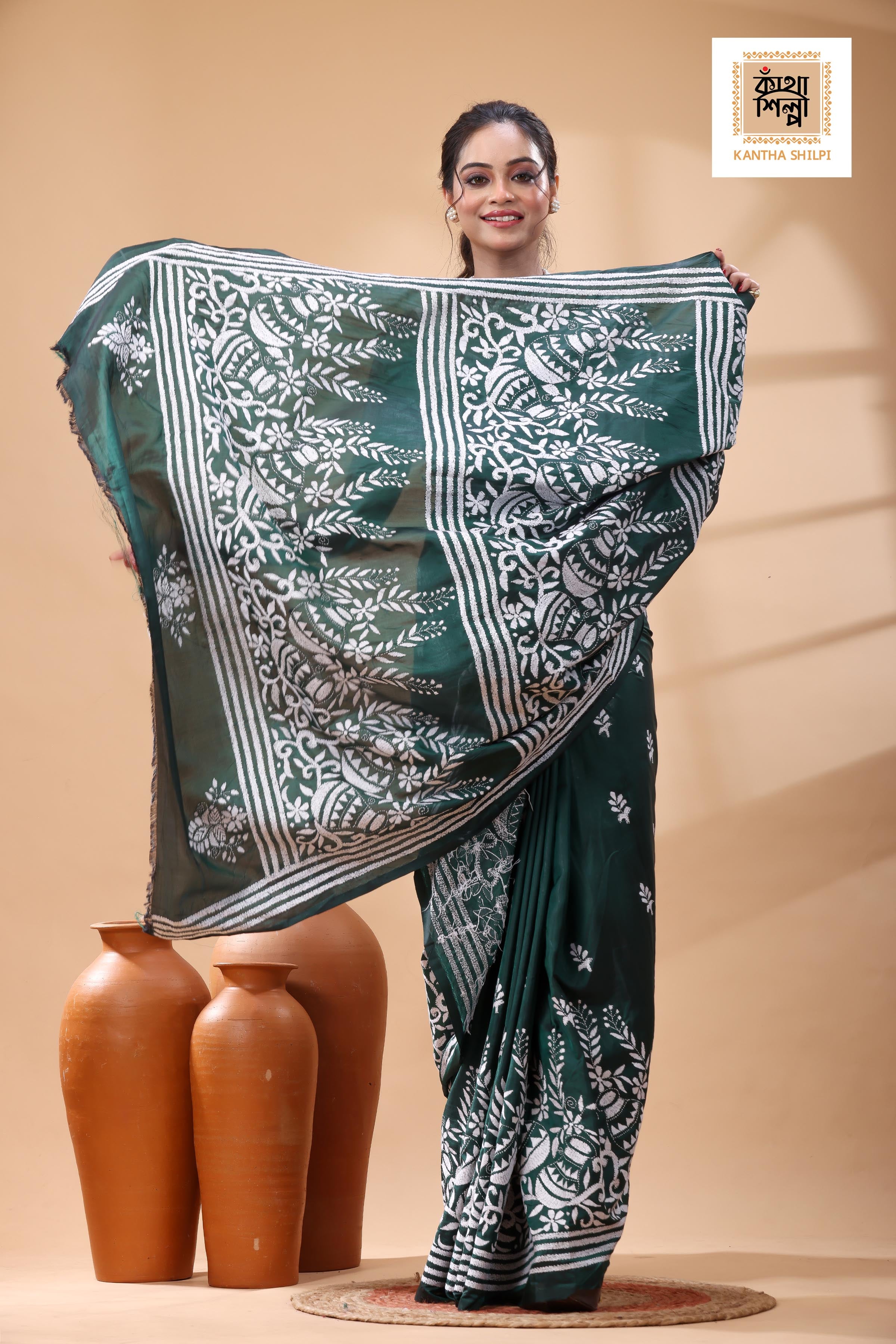 Green Color Bangalore Silk White Color Thread Work Kantha Stitch Saree