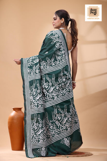 Green Color Bangalore Silk White Color Thread Work Kantha Stitch Saree