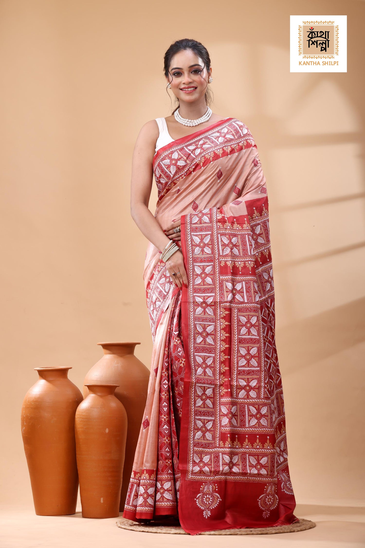 Pure Dye Gachi Tussar White Beige Color Thread Work Kantha Stitch Saree