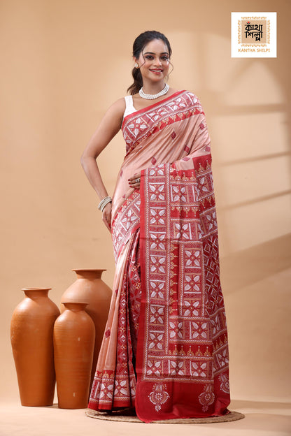 Pure Dye Gachi Tussar White Beige Color Thread Work Kantha Stitch Saree