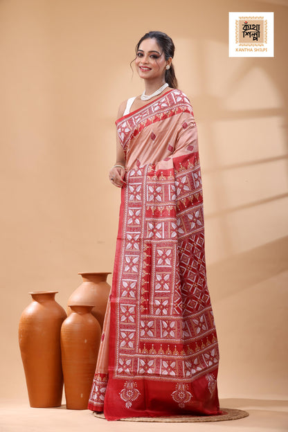 Pure Dye Gachi Tussar White Beige Color Thread Work Kantha Stitch Saree