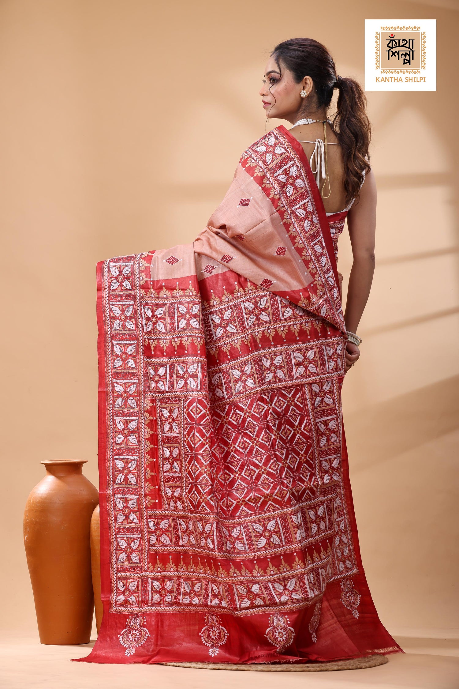 Pure Dye Gachi Tussar White Beige Color Thread Work Kantha Stitch Saree