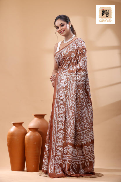 Pure Dye Gachi Tussar White Color Thread Work Kantha Stitch Saree