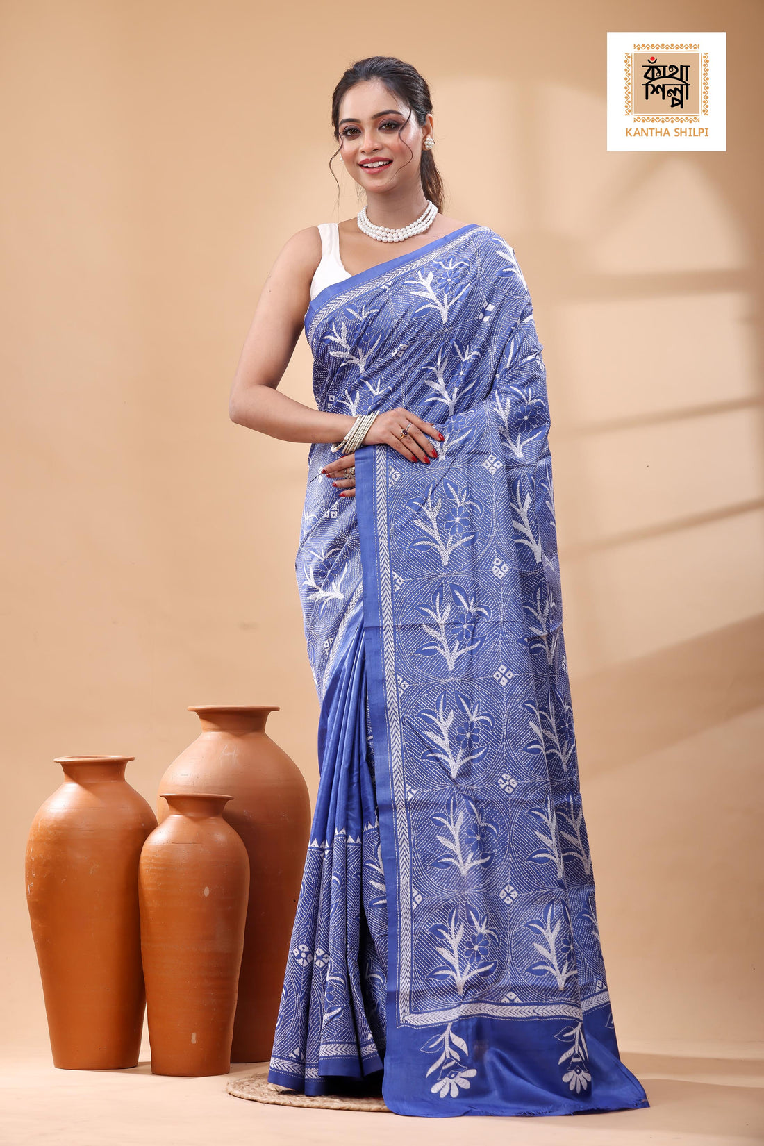 Pure Blue Dye Gachi Tussar White Color Thread Work Kantha Stitch Saree