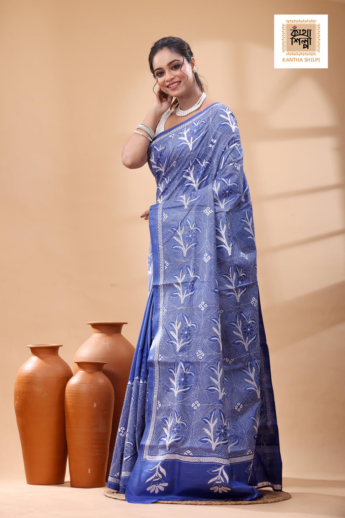 Pure Blue Dye Gachi Tussar White Color Thread Work Kantha Stitch Saree