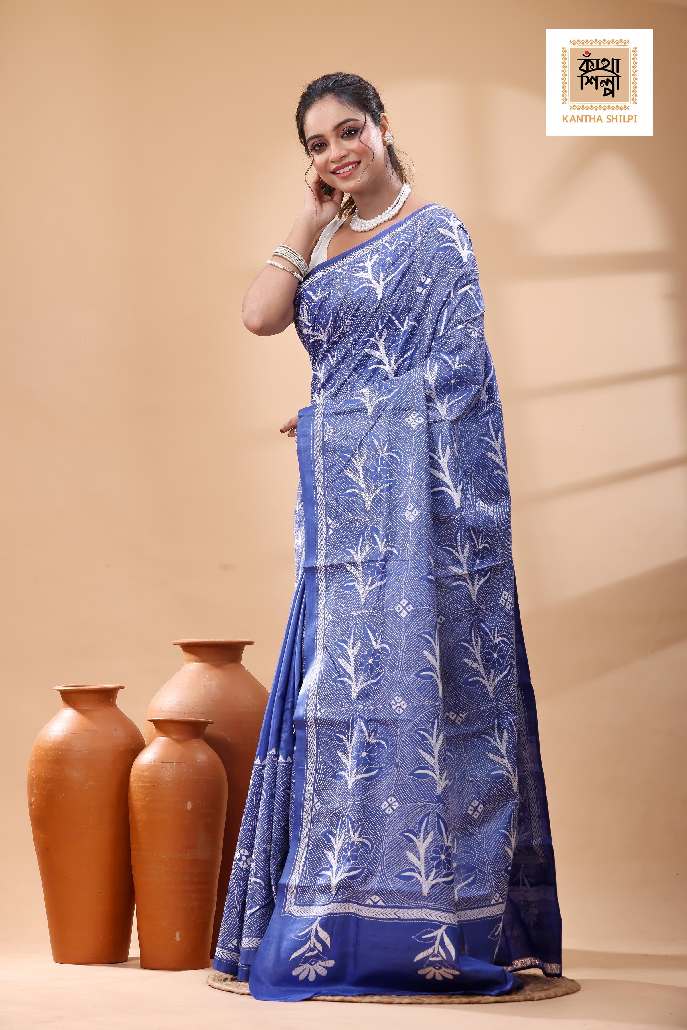 Pure Blue Dye Gachi Tussar White Color Thread Work Kantha Stitch Saree