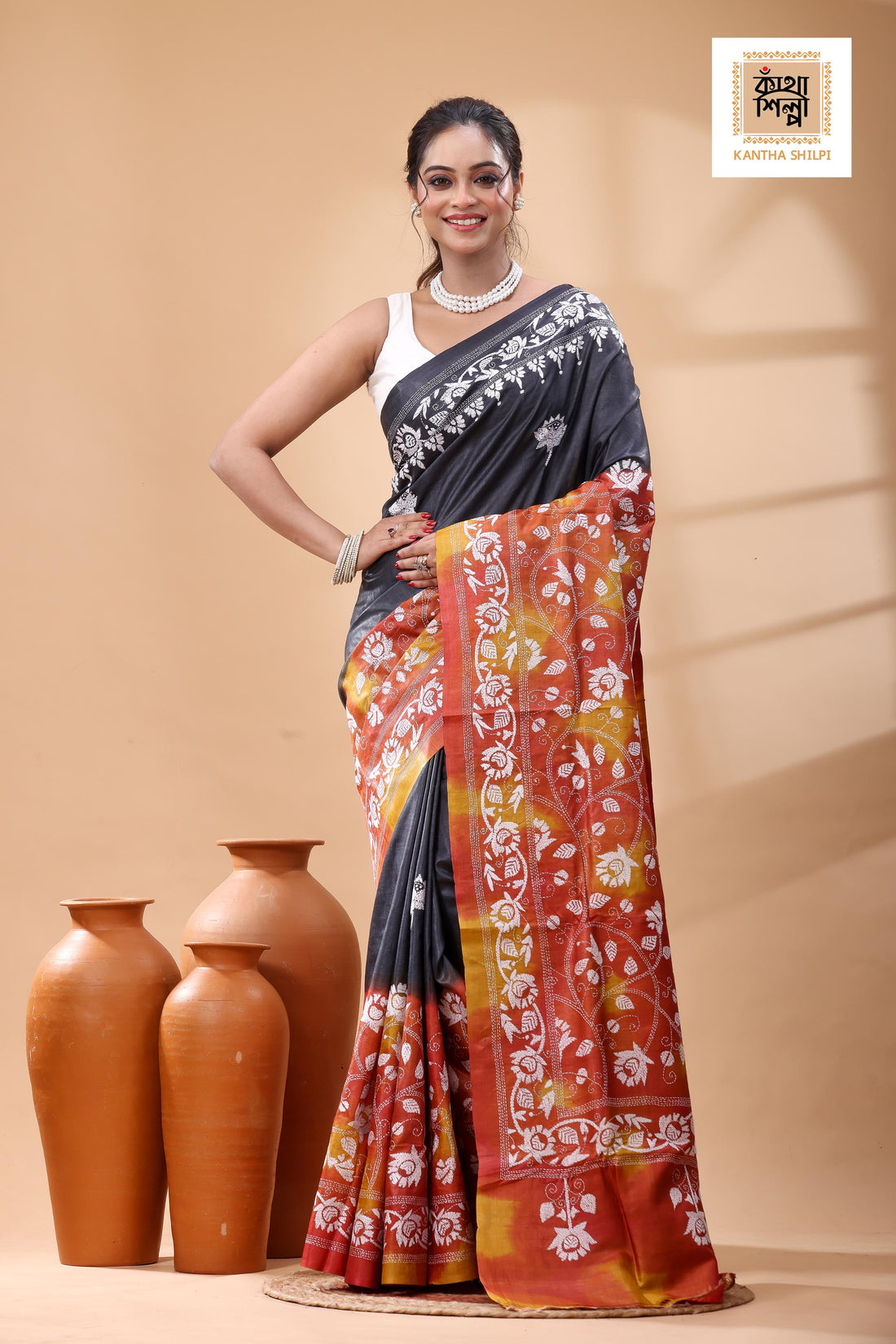 Pure Dye Gachi Tussar White Color Thread Work Kantha Stitch Saree