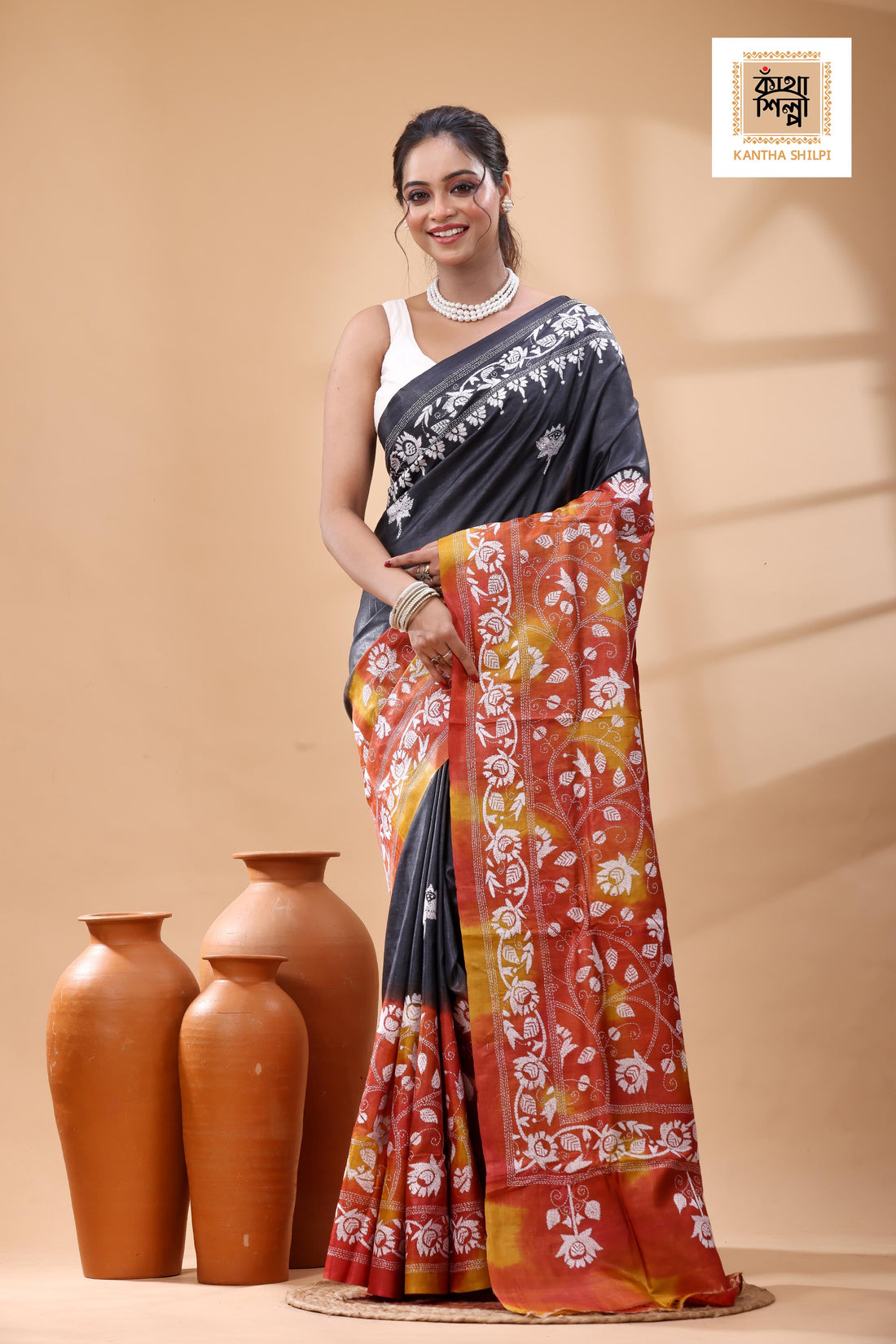 Pure Dye Gachi Tussar White Color Thread Work Kantha Stitch Saree