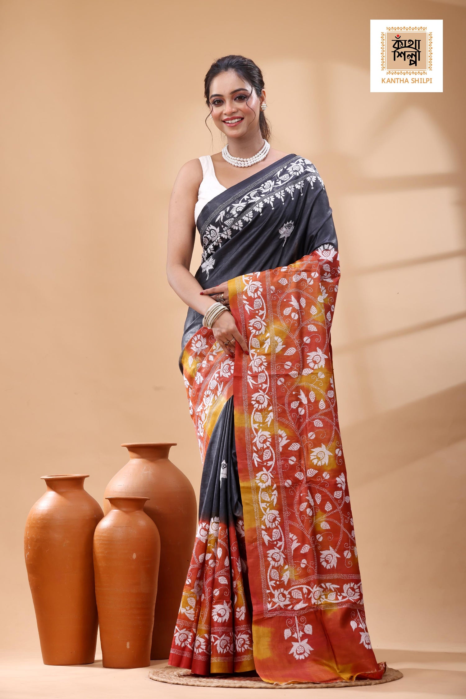 Pure Dye Gachi Tussar White Color Thread Work Kantha Stitch Saree