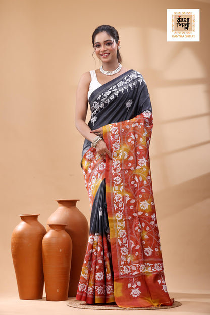 Pure Dye Gachi Tussar White Color Thread Work Kantha Stitch Saree