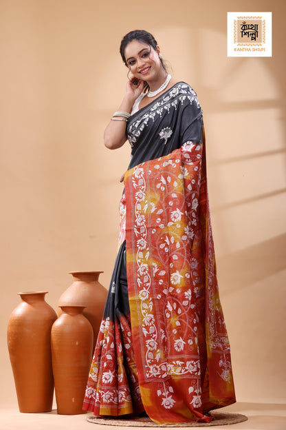 Pure Dye Gachi Tussar White Color Thread Work Kantha Stitch Saree