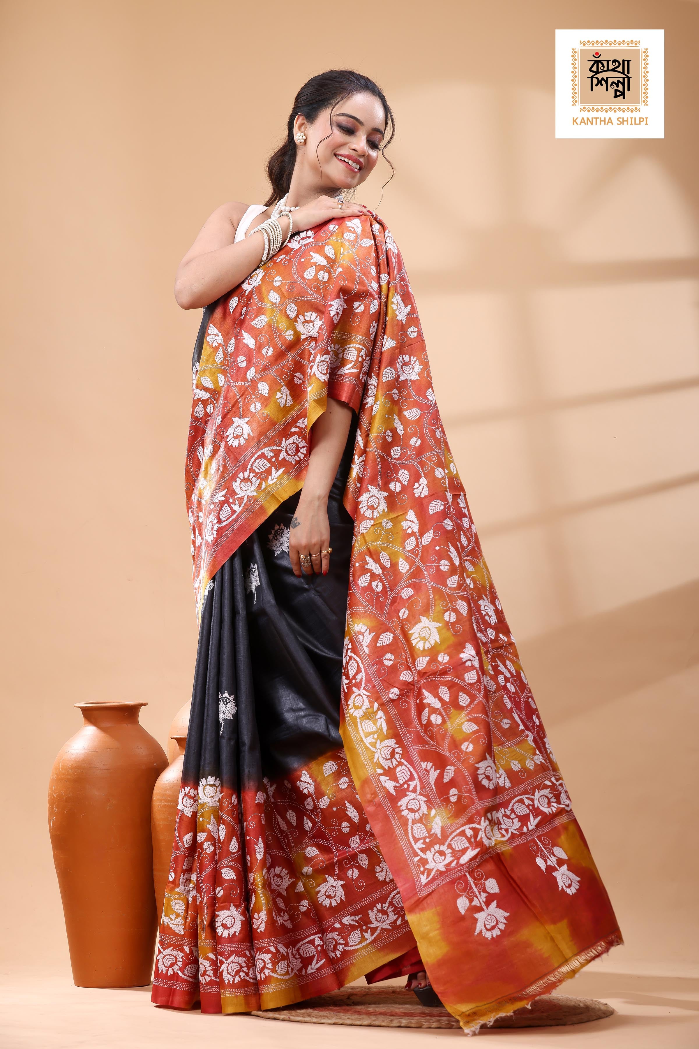 Pure Dye Gachi Tussar White Color Thread Work Kantha Stitch Saree